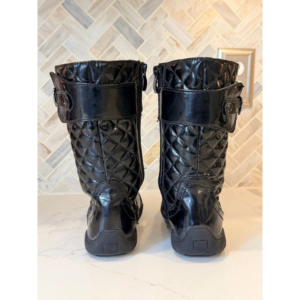 Girls Black Patent Quilted Mid Calf Boots Rhinestone Heart Buckle Size 4